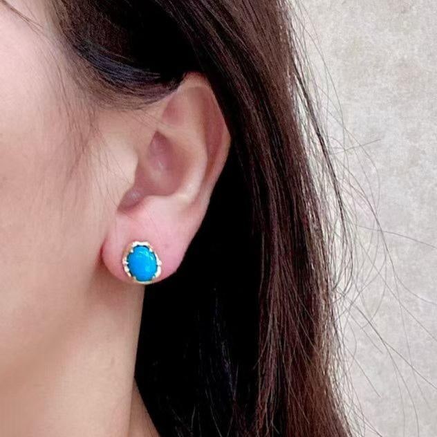 14k Gold 3.84 Ctw Natural Blue Turquoise & Diamond Earrings - 4