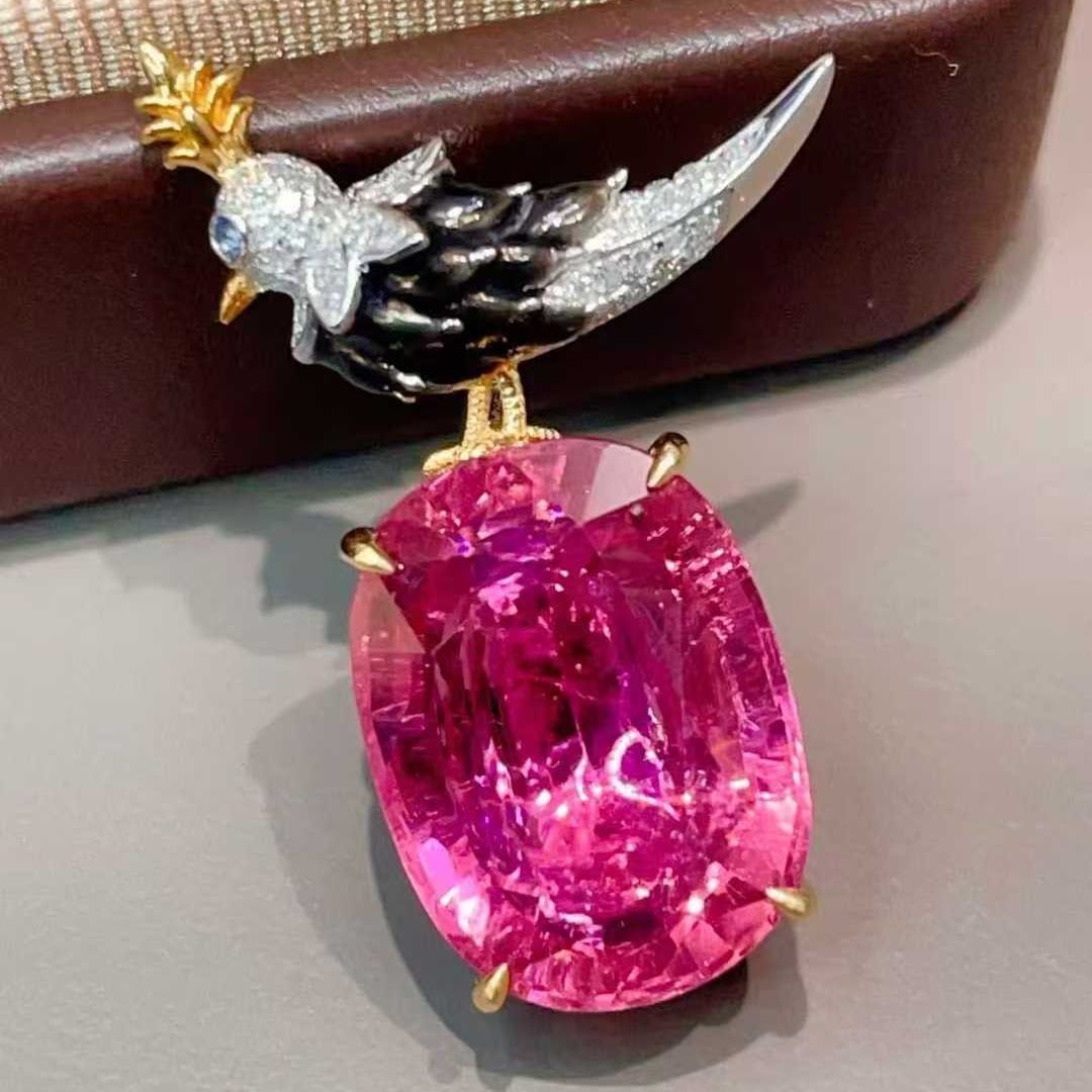 14k Gold 9.05 Ct Natural Tourmaline & Diamond Pendant( Without Chain ) - 4