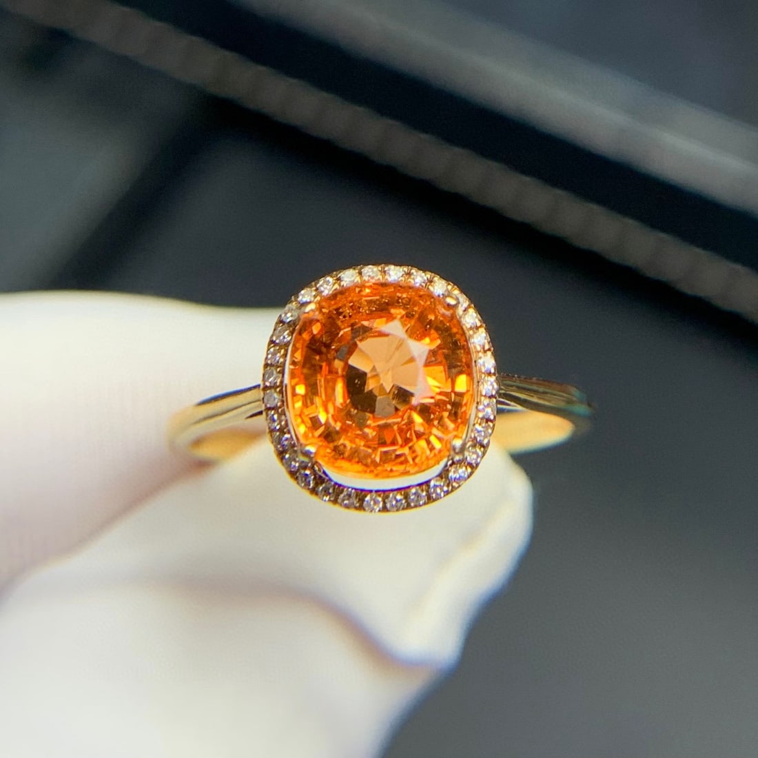 14k Gold 2.36 Ct Natural Spessartine & Diamond Ring: Ref:231137201 // gold content:14k gold // ring size:7. 25us // // main gemstone:spessartine // shape:cushion // carat weight:2. 36ct // color:orange // treatment:natural // // adjacent gemstone 2