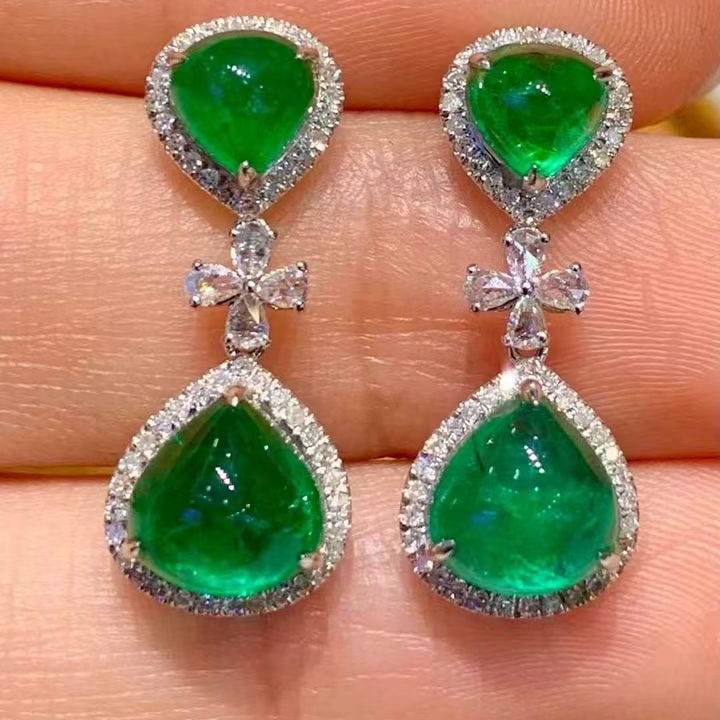 14k Gold 4.05 Ct Natural Emerald & Diamond Earrings - 2