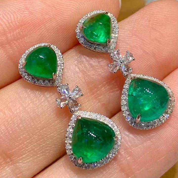 14k Gold 4.05 Ct Natural Emerald & Diamond Earrings - 4