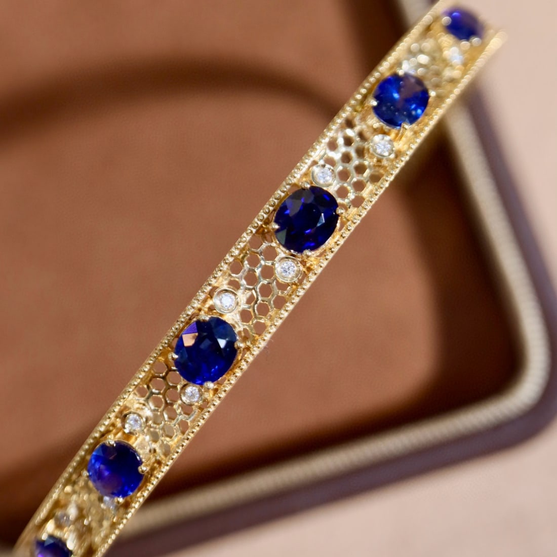 14k Gold 3.39 Ctw Natural Sapphire & Diamond Bangle - 2