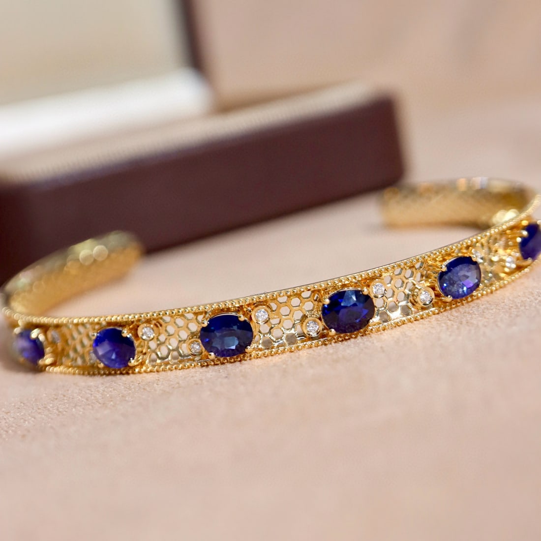 14k Gold 3.39 Ctw Natural Sapphire & Diamond Bangle - 4