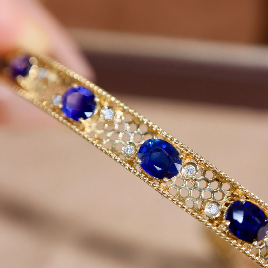 14k Gold 3.39 Ctw Natural Sapphire & Diamond Bangle - 6