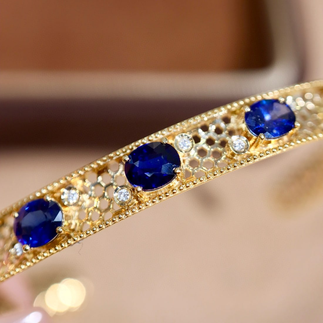14k Gold 3.39 Ctw Natural Sapphire & Diamond Bangle - 7