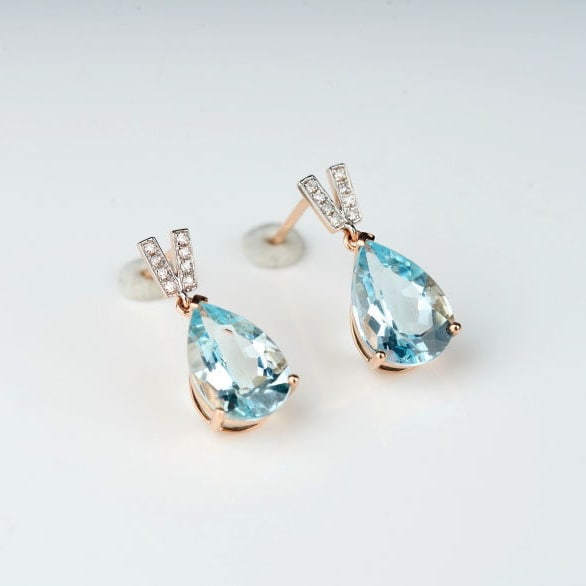14k Gold 3.13 Ct Natural Aquamarine & Diamond Earrings - 7