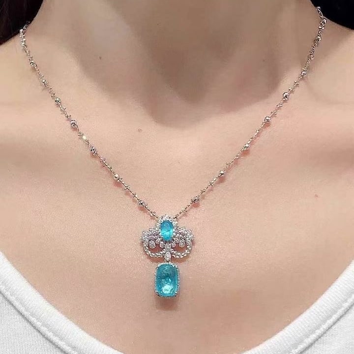 14k Gold 2.5 Ct Natural Paraiba Tourmaline & Diamond Pendant( Without Chain ) - 2