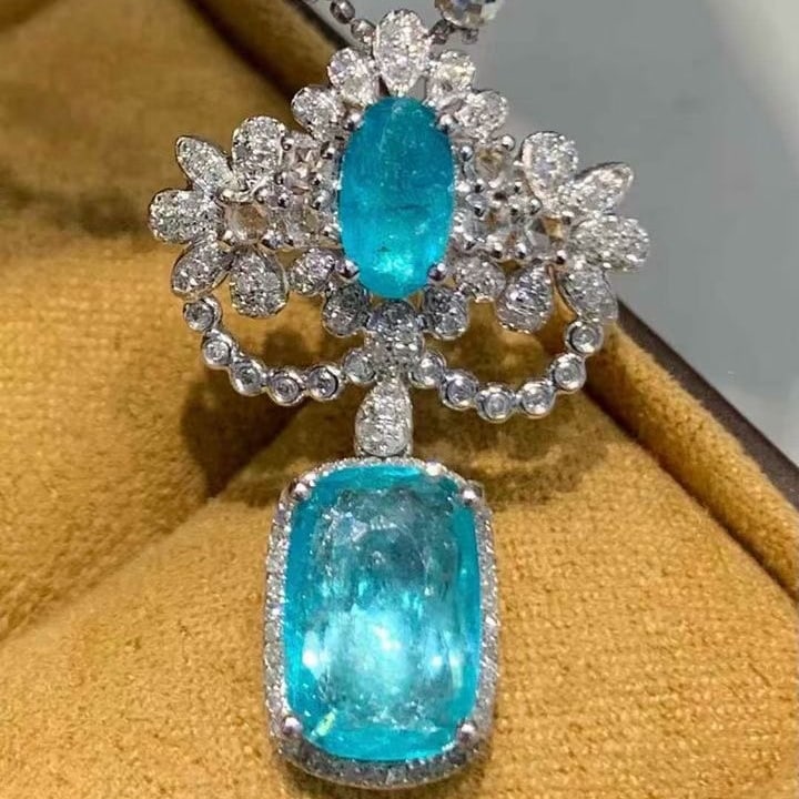 14k Gold 2.5 Ct Natural Paraiba Tourmaline & Diamond Pendant( Without Chain ) - 4