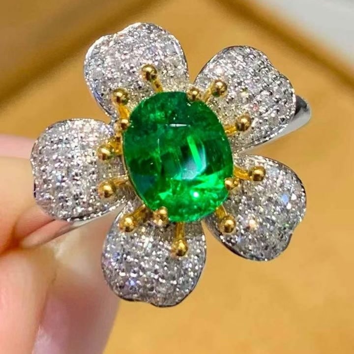 14k Gold 1.4 Ct Vivid Green Natural Tsavorite & Diamond & Flowers Ring - 5