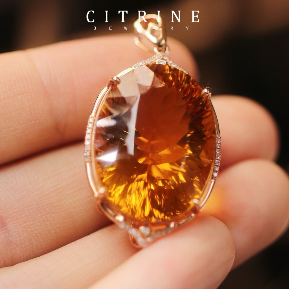 14k Gold 39.52 Ctw Natural Citrine & Diamond Pendant( Without Chain ) - 4