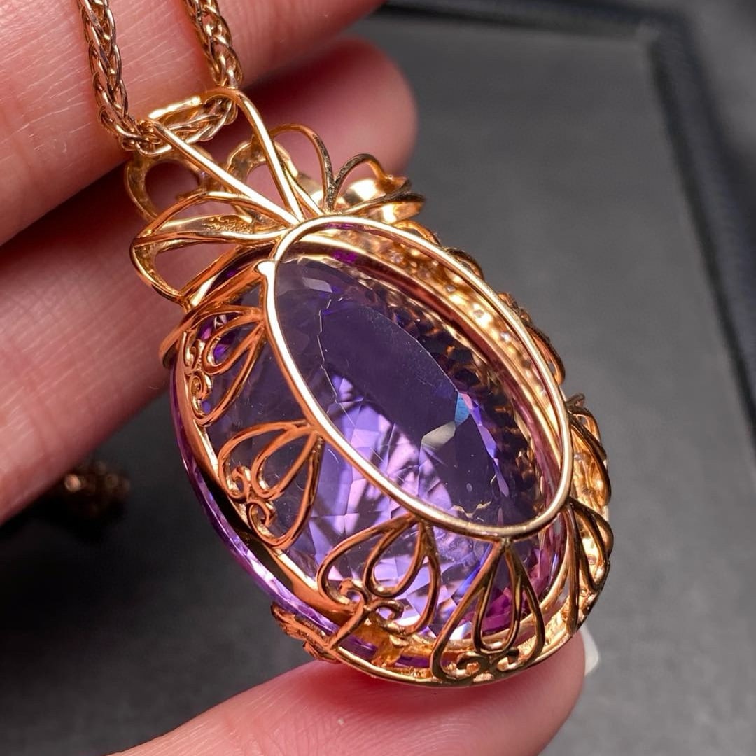 14k Gold 41.75 Ct Natural Amethyst & Diamond Pendant( Without Chain ) - 2