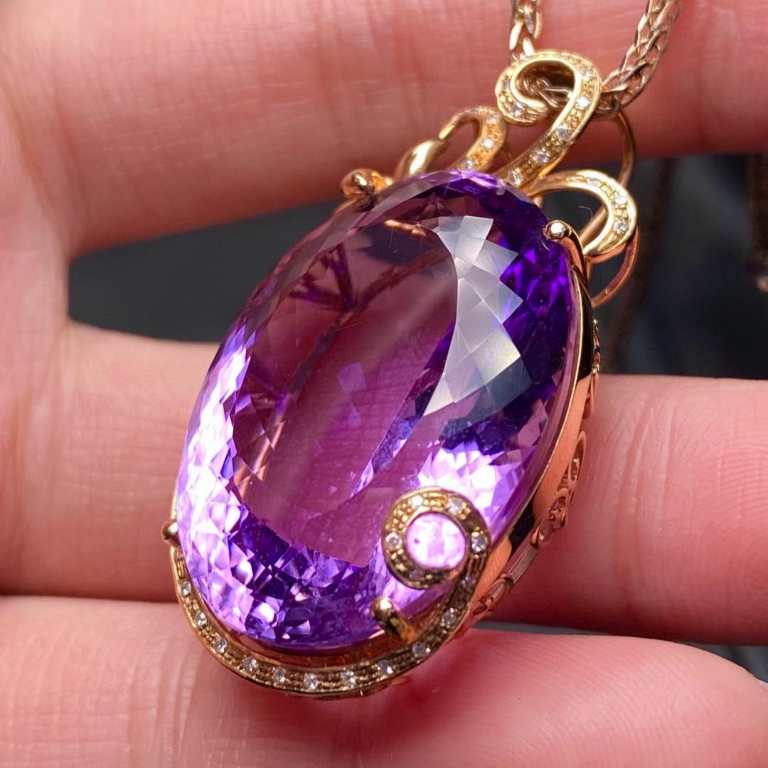 14k Gold 41.75 Ct Natural Amethyst & Diamond Pendant( Without Chain ) - 6