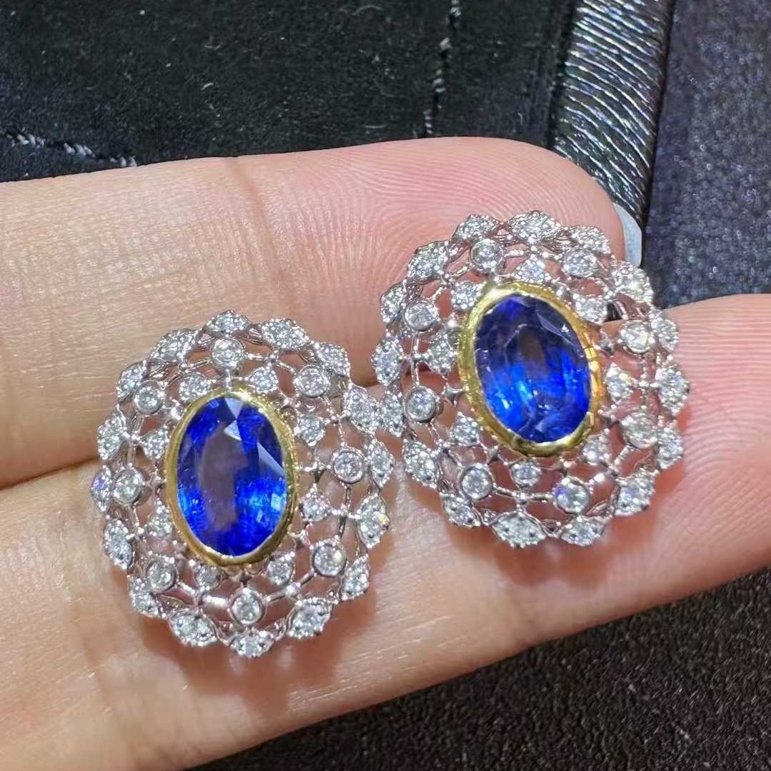 14k Gold 2.30 Ctw Natural Sapphire & Diamond Earrings - 4