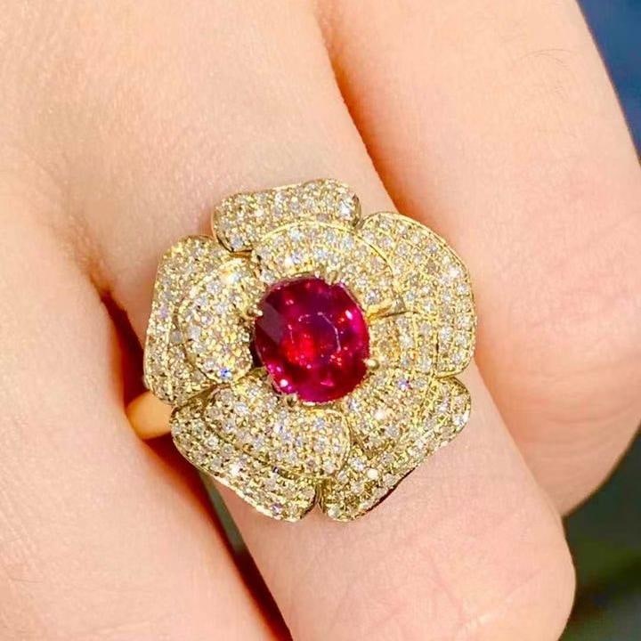 14k Gold 1 Ct Natural Ruby & Diamond & Flowers Ring (1 of 5)