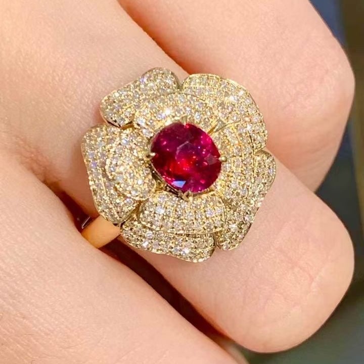 14k Gold 1 Ct Natural Ruby & Diamond & Flowers Ring - 2