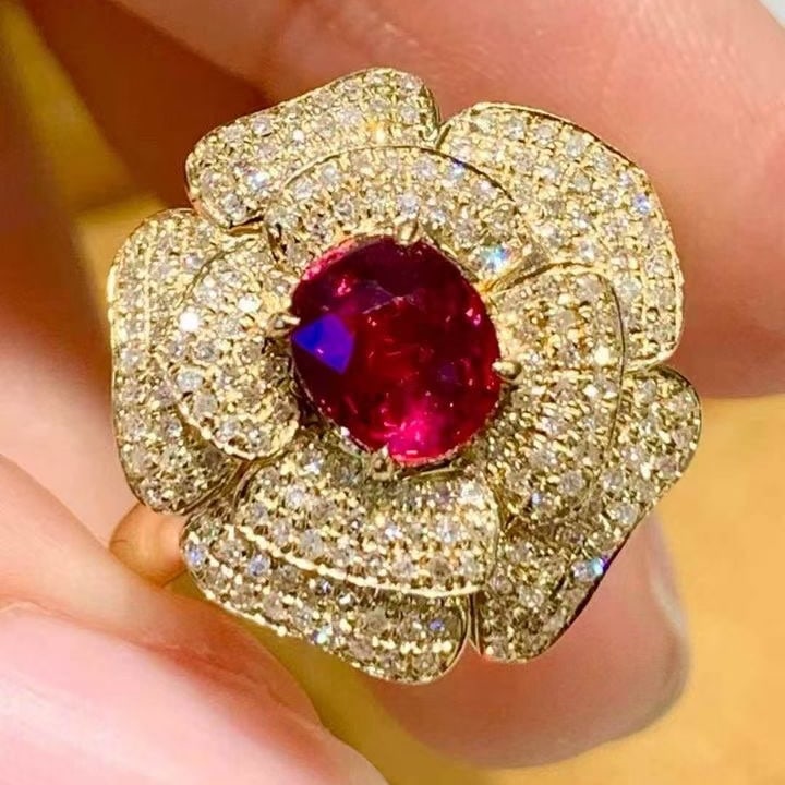 14k Gold 1 Ct Natural Ruby & Diamond & Flowers Ring - 3