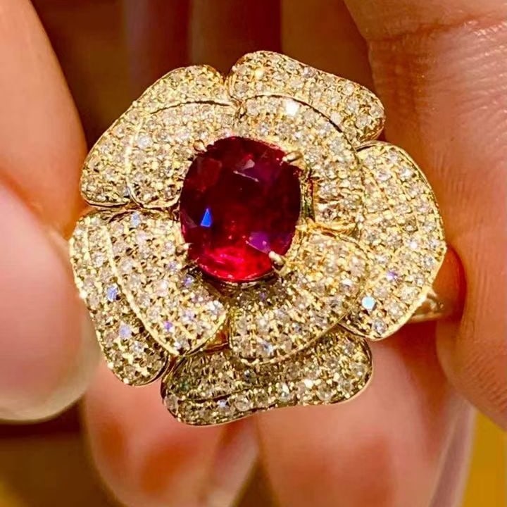 14k Gold 1 Ct Natural Ruby & Diamond & Flowers Ring - 5