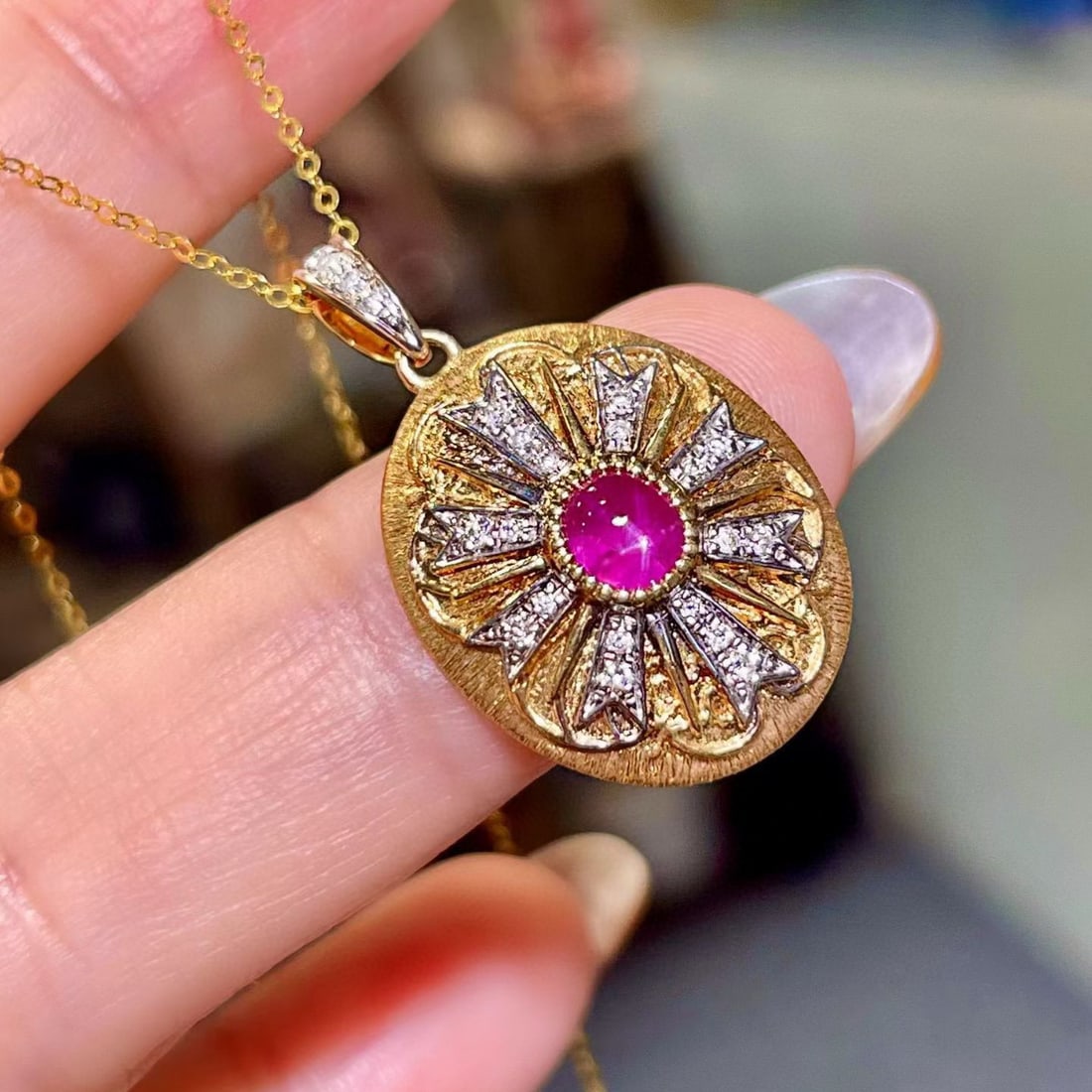 14k Gold 0.98 Ctw Natural Star Ruby & Diamond Pendant( Without Chain ) - 2