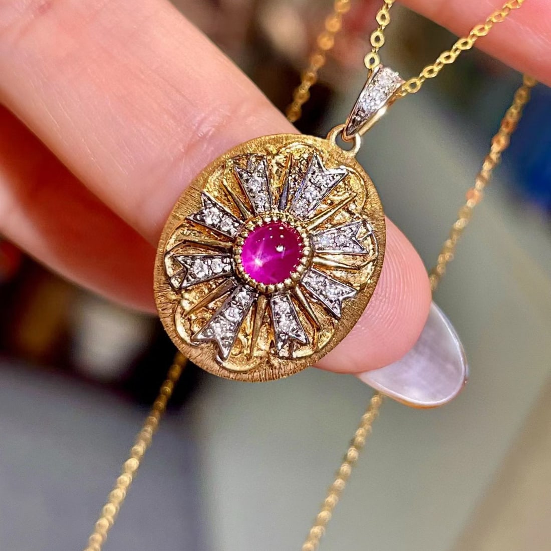 14k Gold 0.98 Ctw Natural Star Ruby & Diamond Pendant( Without Chain ) - 3