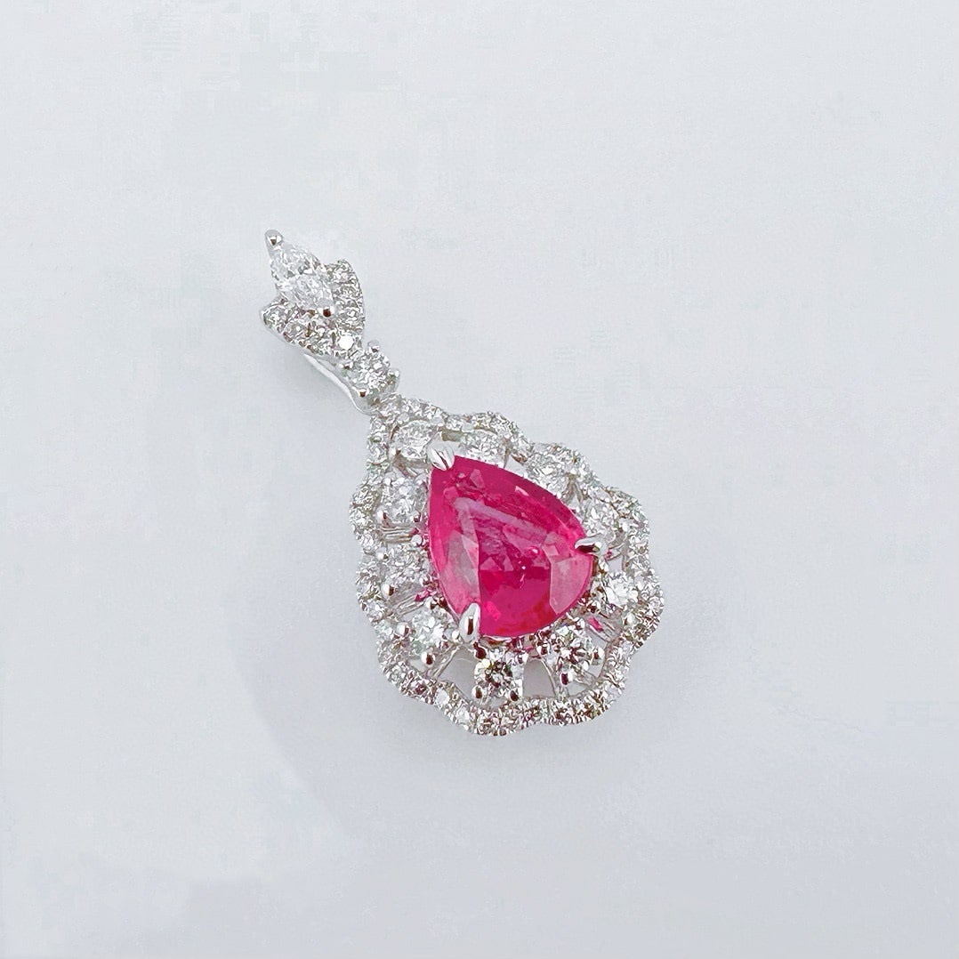 14k Gold 1.53 Ctw Natural Ruby & Diamond Pendant( Without Chain ): Ref:231138019 // gold content:14k gold // main gemstone:ruby // shape:pear // carat weight:1. 04ct // color:red // treatment:natural // // adjacent gemstone 2 : diamond // shape:multiple // carat weig