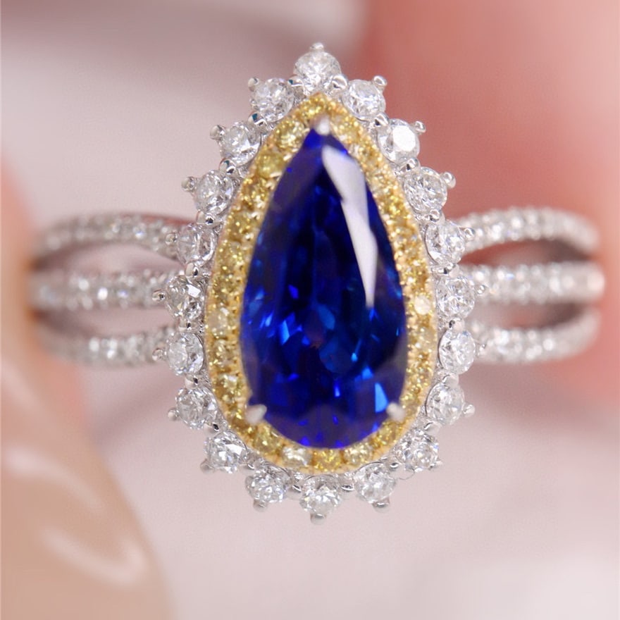 14k Gold 1.58 Ctw Natural Sapphire & Diamond Ring: Ref:231138043 // gold content:14k gold // ring size:7. 25us // // main gemstone:sapphire // shape:pear // carat weight:1. 1ct // color:blue // treatment:natural // // adjacent gemstone 2 : diamond //