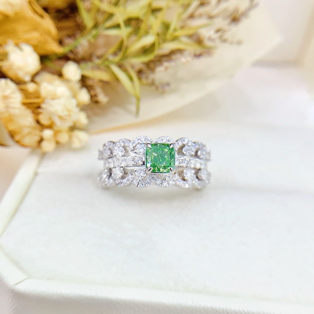 14k Gold 1.57 Ctw Natural Green Diamond & Diamond Ring: Ref:231138046 // gold content:14k gold // ring size:7. 25us // // main gemstone:green diamond // shape:cushion // carat weight:0. 52ct // color:green // treatment:natural // // adjacent gemstone 2