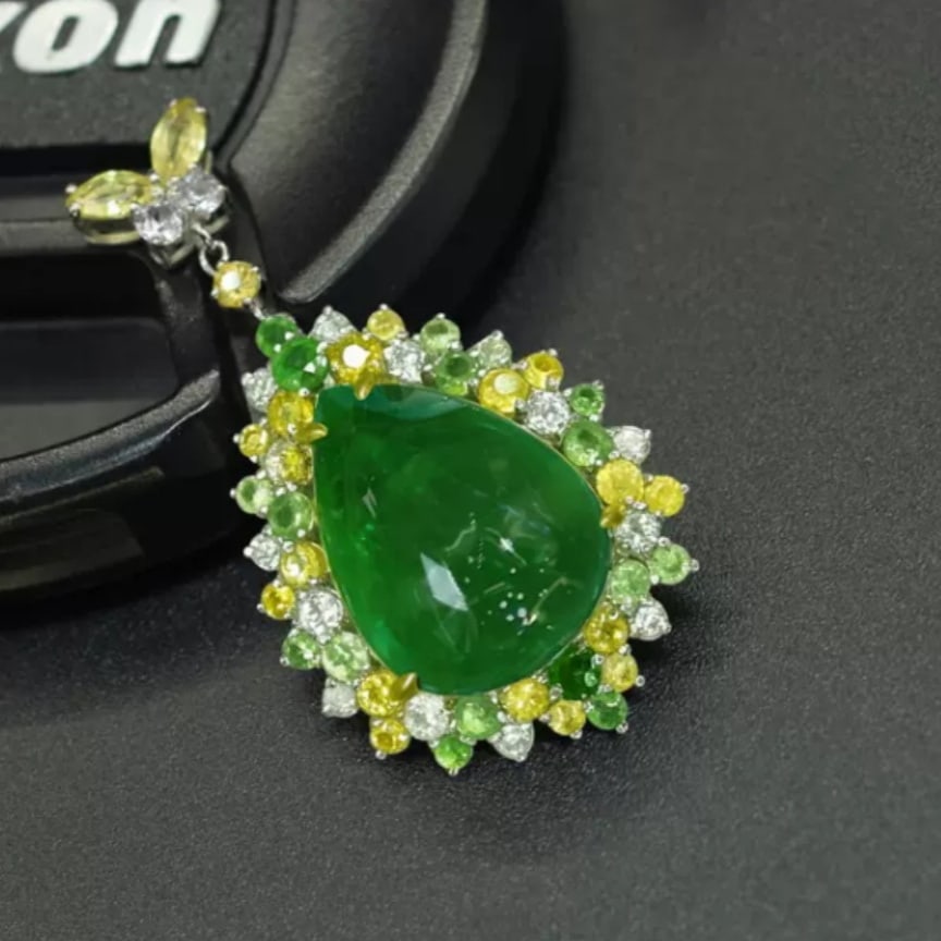 14k Gold 9.87 Ctw Natural Emerald & Sapphire Pendant( Without Chain ) - 2