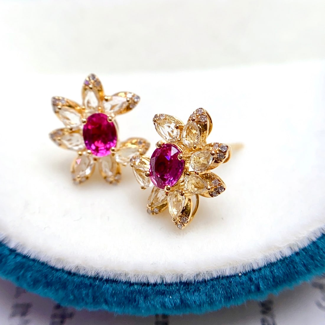 14k Gold 1.00 Ct Natural Ruby & Diamond & Sapphire Earrings - 2