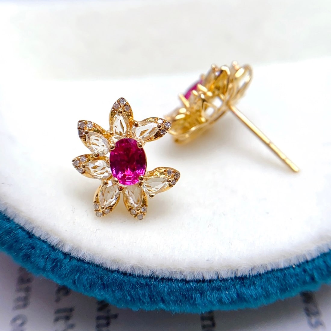14k Gold 1.00 Ct Natural Ruby & Diamond & Sapphire Earrings - 3