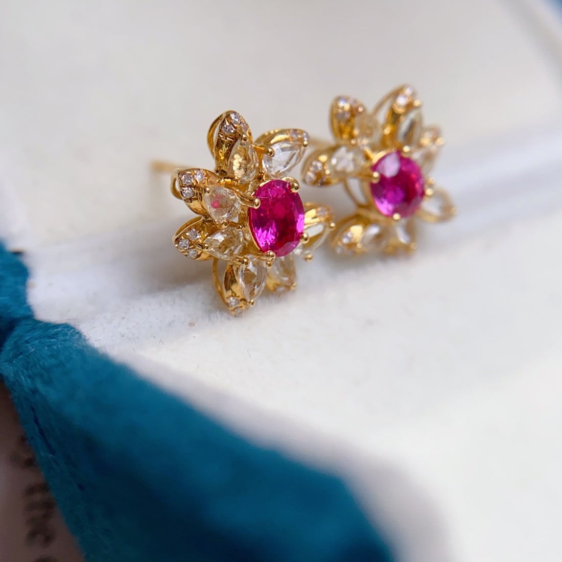 14k Gold 1.00 Ct Natural Ruby & Diamond & Sapphire Earrings - 4