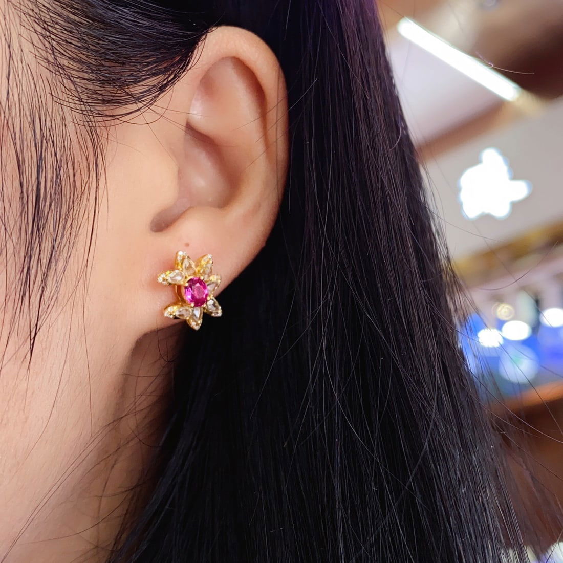 14k Gold 1.00 Ct Natural Ruby & Diamond & Sapphire Earrings - 5