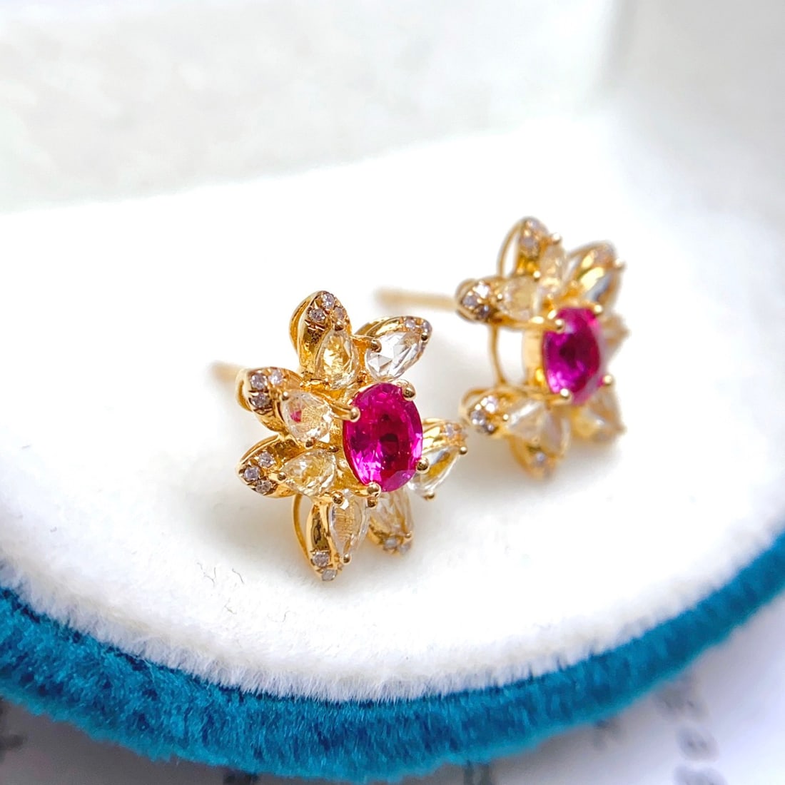 14k Gold 1.00 Ct Natural Ruby & Diamond & Sapphire Earrings - 6