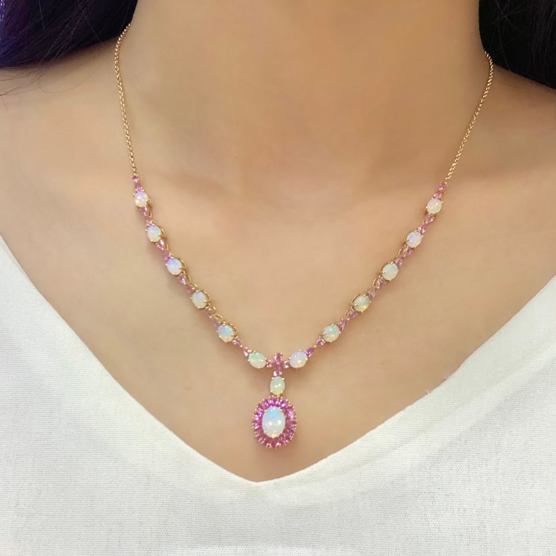 14k Gold 6.45 Ctw Natural Opal & Sapphire Necklace - 5
