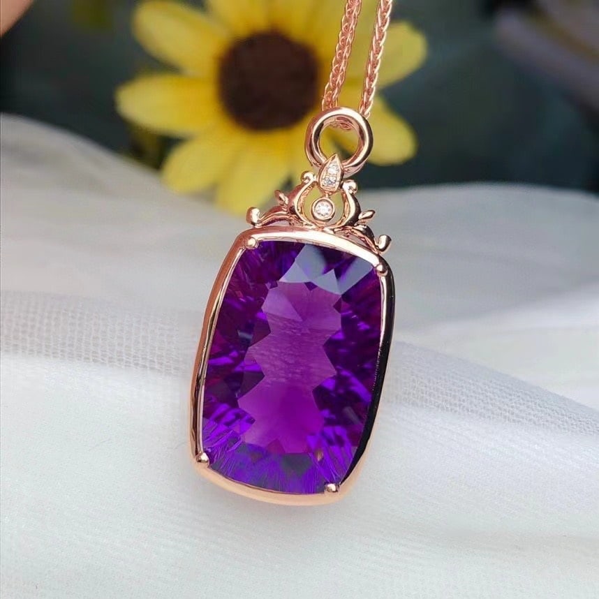 14k Gold 12.20 Ct Natural Amethyst & Diamond Pendant( Without Chain ) - 2