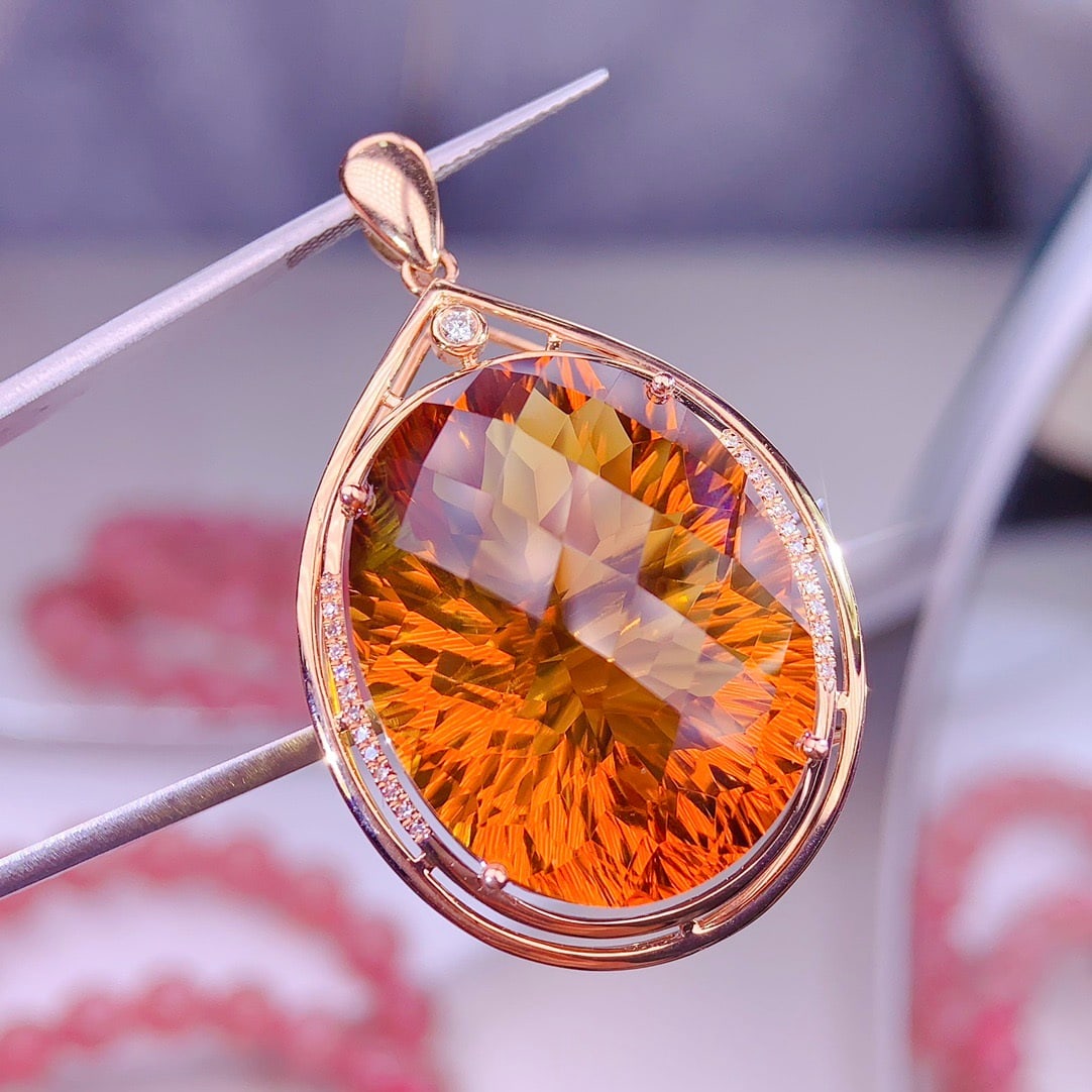 14k Gold 38 Ct Natural Citrine & Diamond Pendant( Without Chain ) - 3