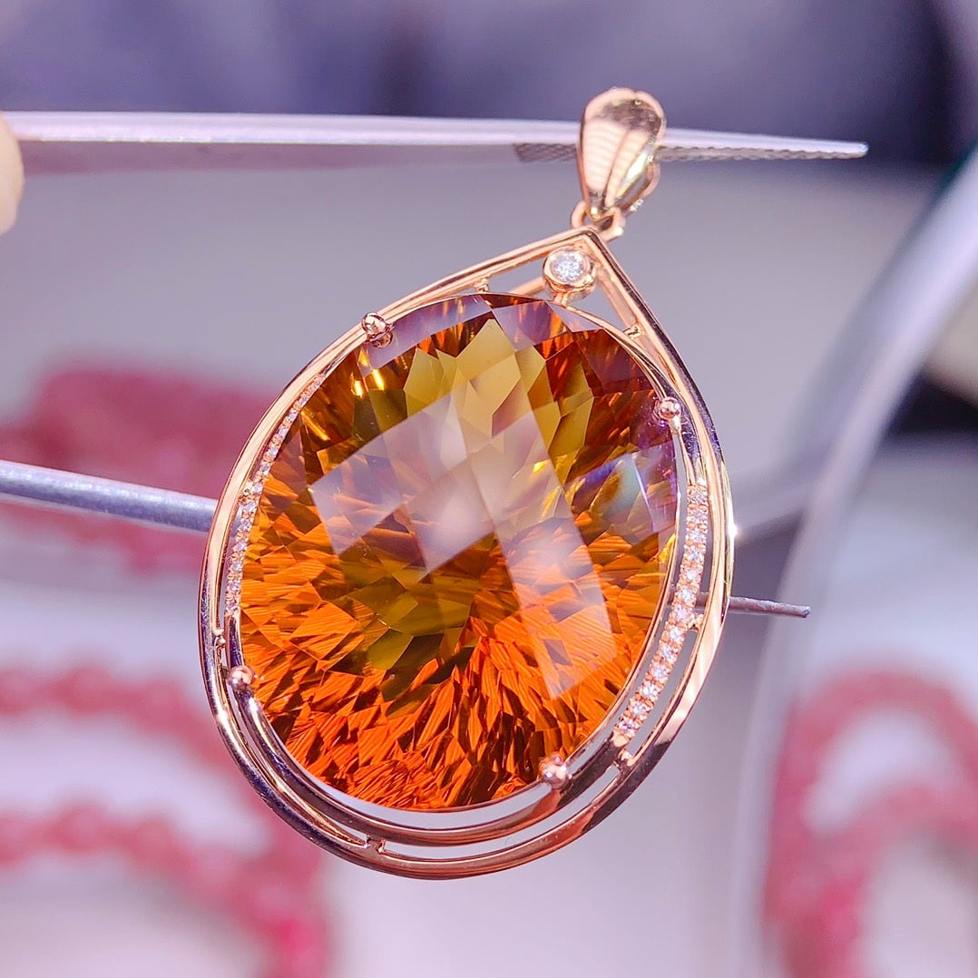 14k Gold 38 Ct Natural Citrine & Diamond Pendant( Without Chain ) - 4