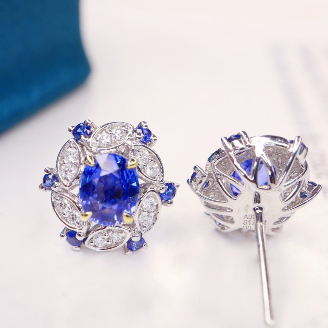 14k Gold 1.67 Ctw Natural Sapphire & Diamond Earrings - 2