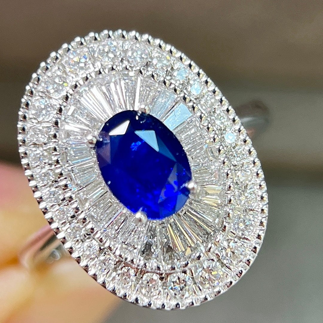 14k Gold 2.45 Ctw Natural Sapphire & Lab Grown Diamond Ring: Ref:231138090 // gold content:14k gold // ring size:7. 25us // // main gemstone:sapphire // shape:oval // carat weight:1. 30ct // color:royal blue // treatment:natural // // adjacent gemstone 2 :