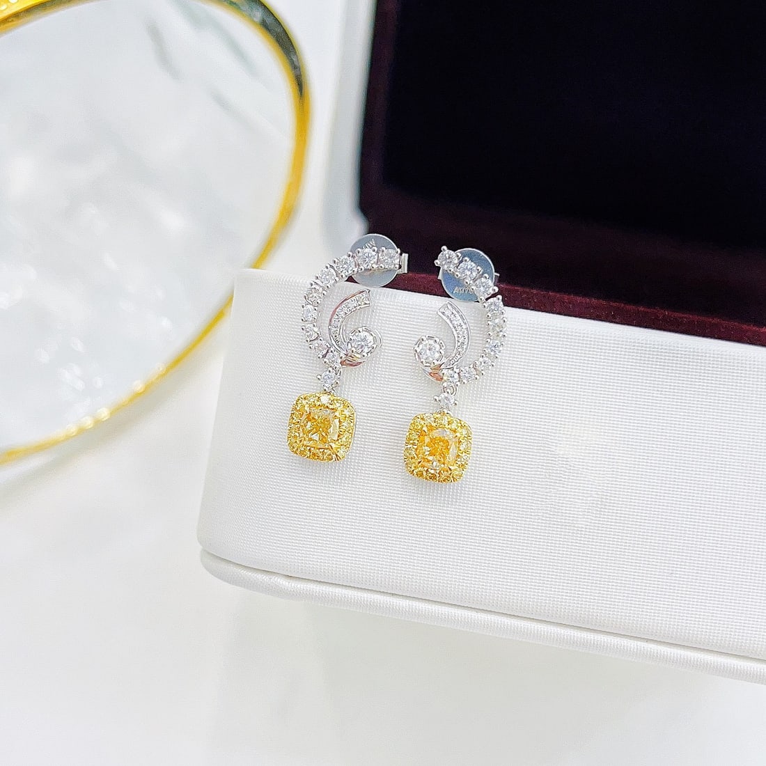 14k Gold 1.00 Ctw Natural Yellow Diamond & Diamond Earrings - 2