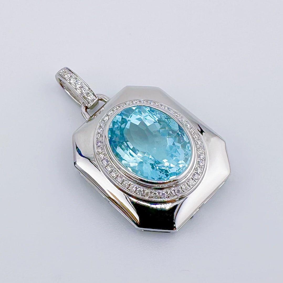 14k Gold 7.67 Ctw Natural Aquamarine & Diamond Pendant( Without Chain ) - 2