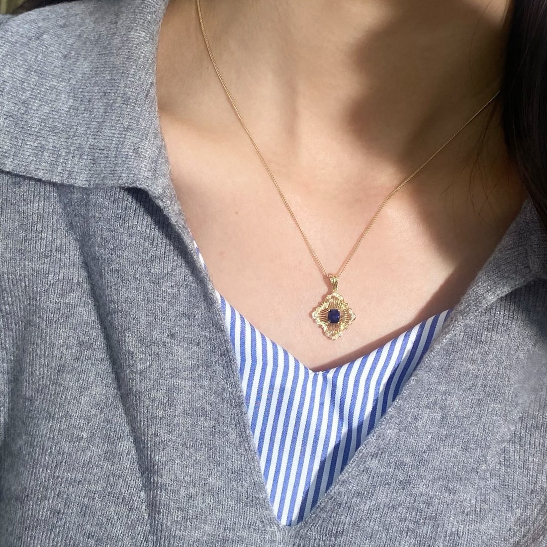 14k Gold 0.77 Ctw Natural Sapphire & Diamond Pendant( Without Chain ) - 8