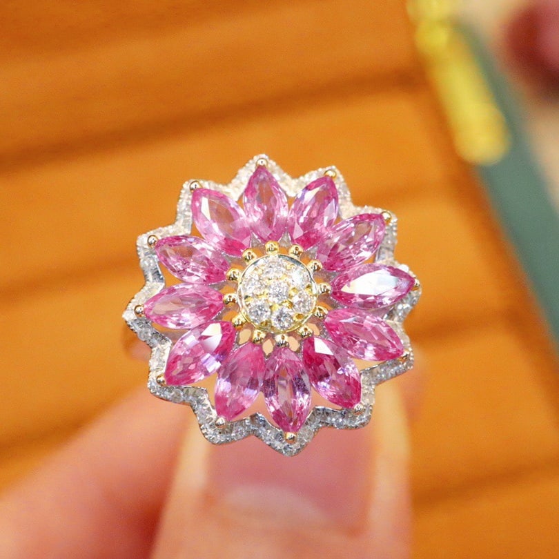 14k Gold 2.58 Ctw Natural Sapphire & Diamond Ring: Ref:231138116 // gold content:14k gold // ring size:7. 25us // // main gemstone:sapphire // shape:marquise // carat weight:2. 40ct // color:pink // treatment:natural // // adjacent gemstone 2 :