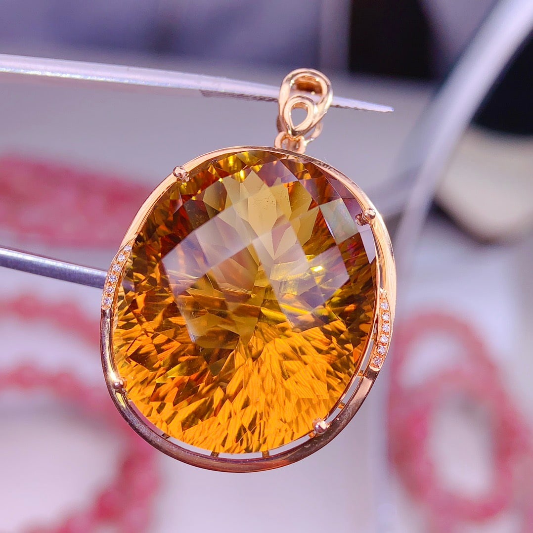 14k Gold 51 Ct Natural Citrine & Diamond Pendant( Without Chain ) - 2