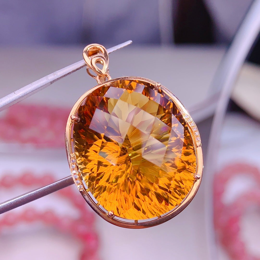 14k Gold 51 Ct Natural Citrine & Diamond Pendant( Without Chain ) - 3