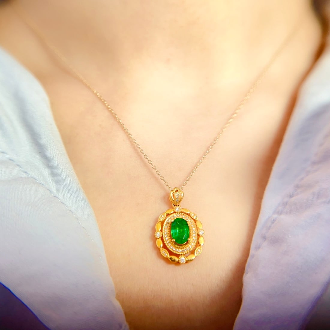 14k Gold 1.23 Ctw Natural Emerald & Diamond Pendant( Without Chain ) - 6