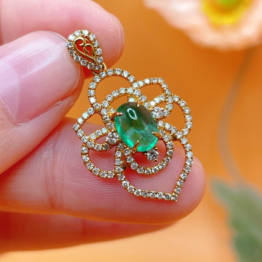 14k Gold 1.83 Ctw Natural Emerald & Diamond Pendant( Without Chain ) - 2