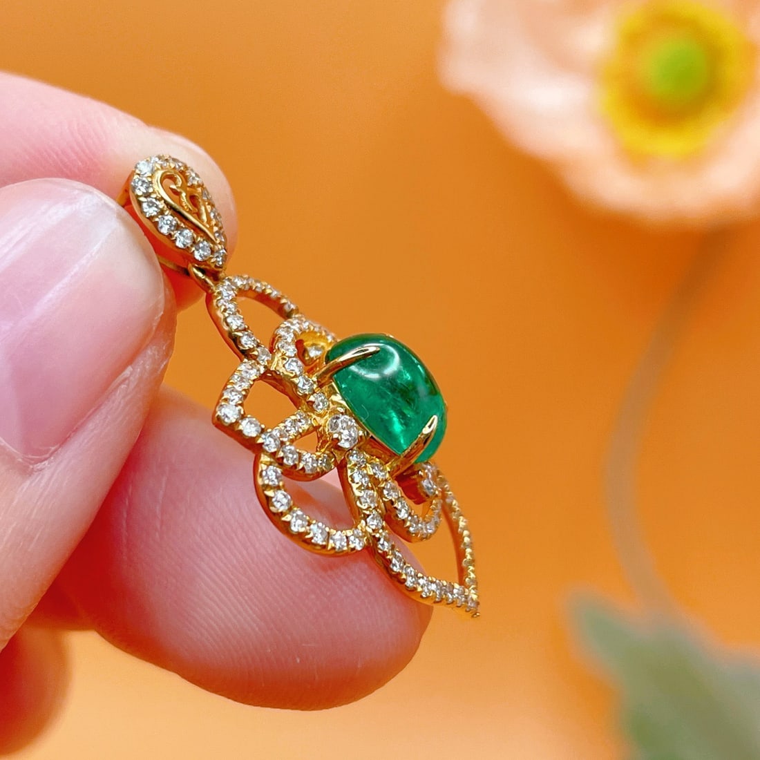14k Gold 1.83 Ctw Natural Emerald & Diamond Pendant( Without Chain ) - 4