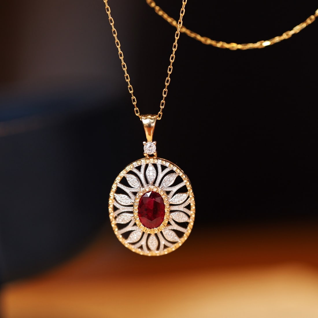 14k Gold 0.65 Ctw Natural Ruby & Diamond Pendant( Without Chain ): Ref:231138202 // gold content:14k gold // main gemstone:ruby // shape:oval // carat weight:0. 54ct // color:red // treatment:natural // // adjacent gemstone 2 : diamond // shape:round // carat