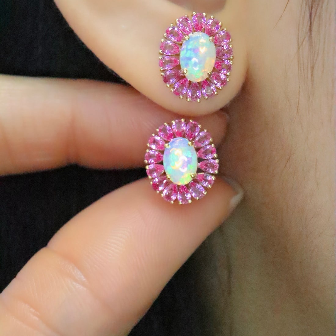 14k Gold 2.89 Ctw Natural Opal & Sapphire Earrings - 5