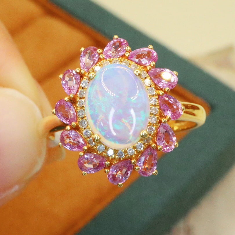 14k Gold 1.47 Ctw Natural Opal & Sapphire Ring (1 of 6)